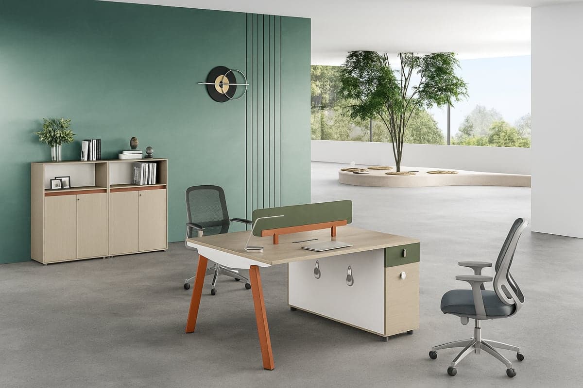 Ensemble de meubles de bureau professionnels modèle LE avec accueil, bureaux employés et table de réunion, armoire