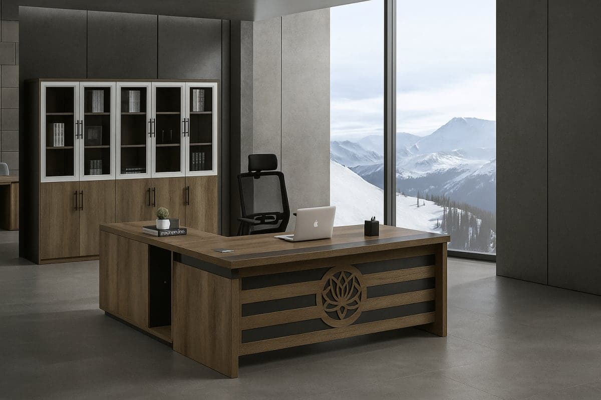 Collection de mobilier de bureau avec bureau de direction, table de conférence et postes de travail modernes, armoires