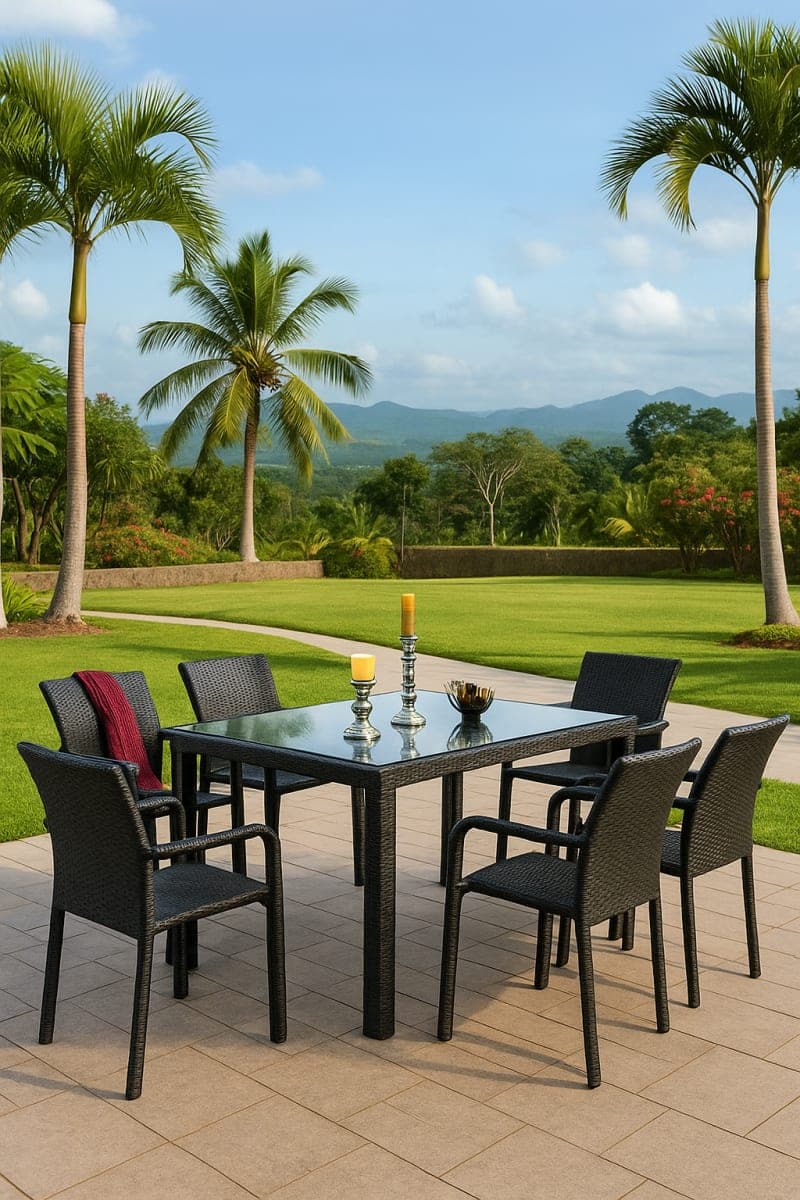 Table à manger de jardin en résine tressée - Mobilier artisanal Ebène Madagascar