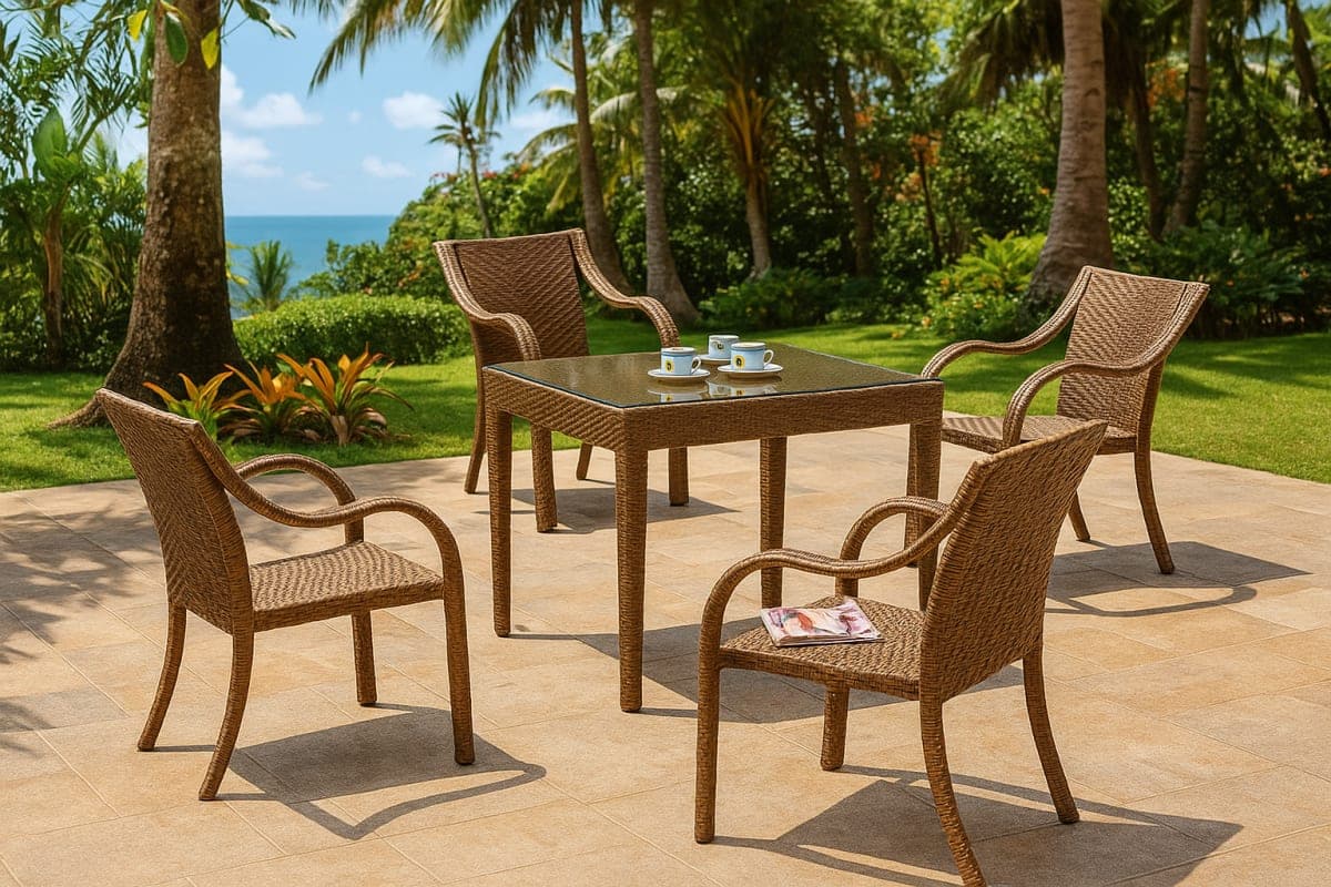 Table de jardin carrée "San Marino" en résine tressée avec plateau en verre trempé - Mobilier artisanal Ebène Madagascar