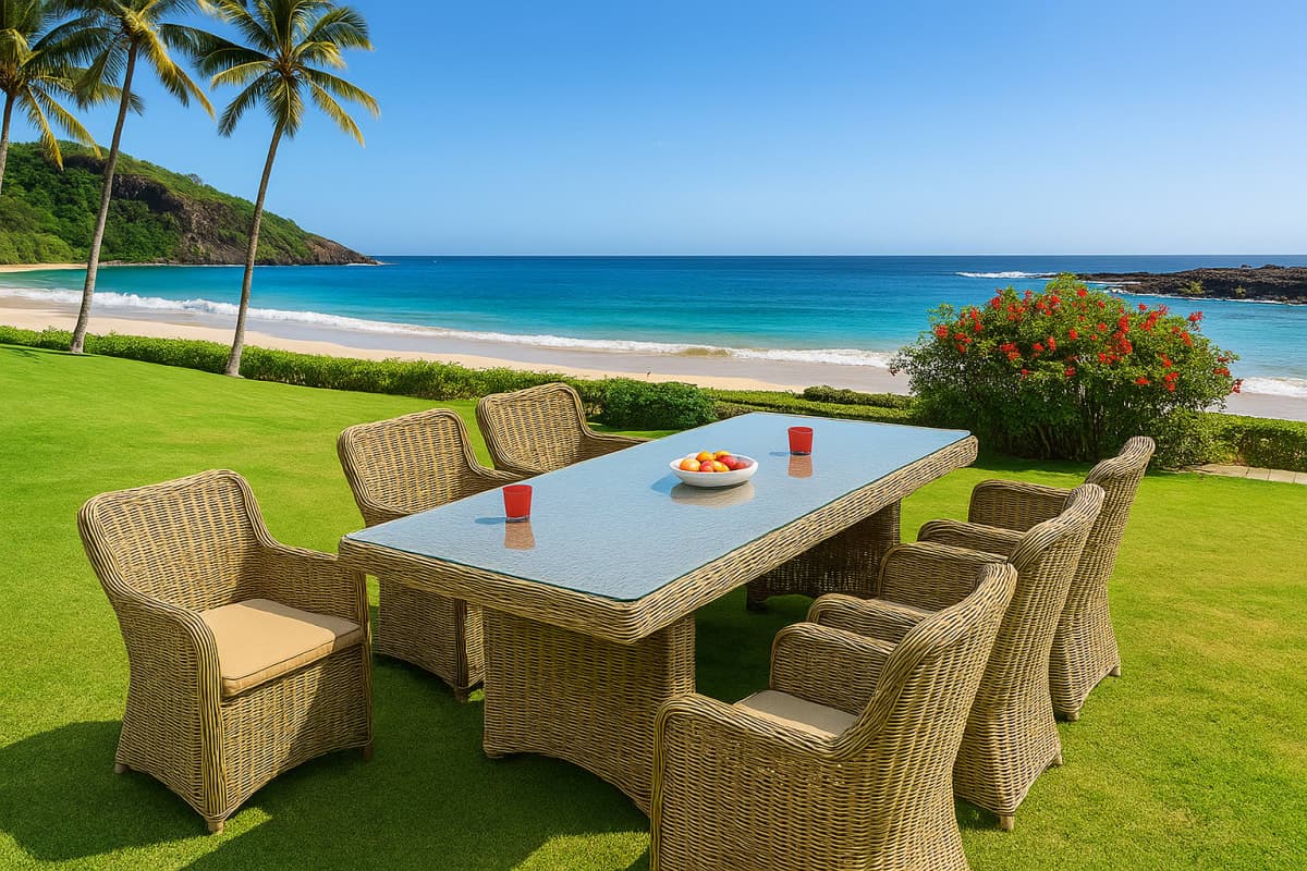 Ensemble de Repas "Riviera" – Résine Tressée & Verre Trempé - Mobilier artisanal Ebène Madagascar