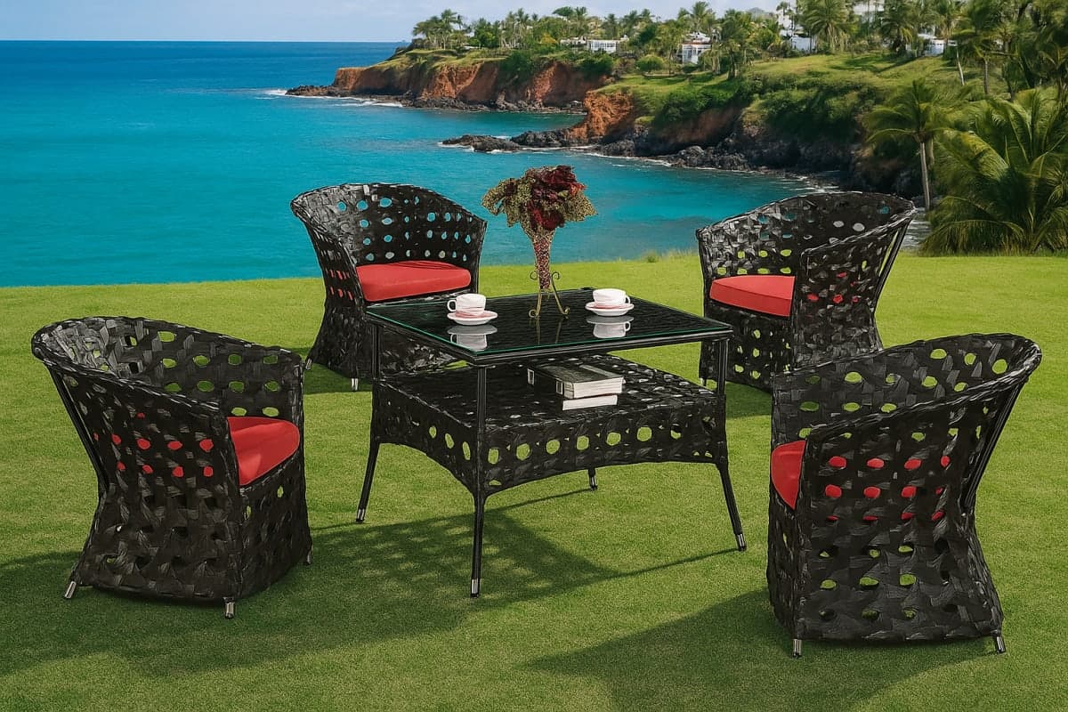 Table de Jardin "Éclat Corail" en Résine Tressée - Mobilier artisanal Ebène Madagascar