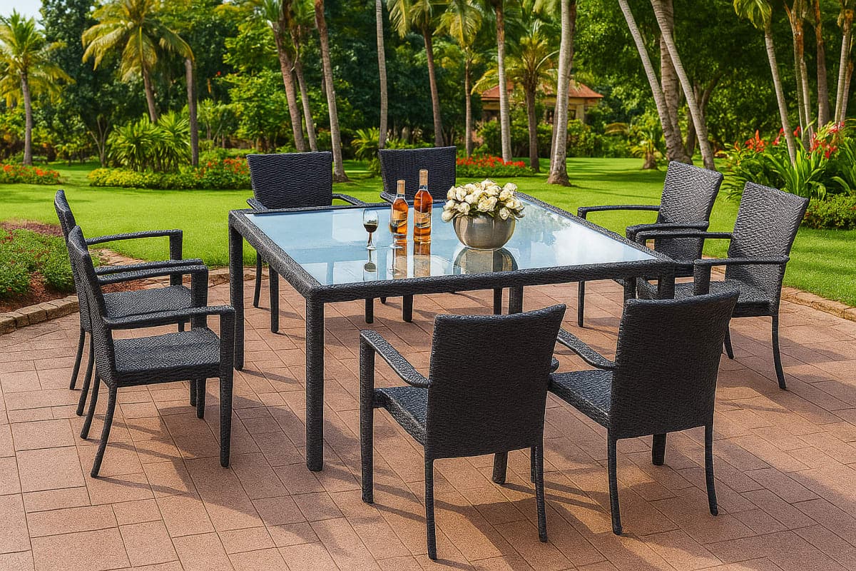 Ensemble Repas de Jardin Rio - Table en Verre et Chaises en Résine Tressée - Mobilier artisanal Ebène Madagascar