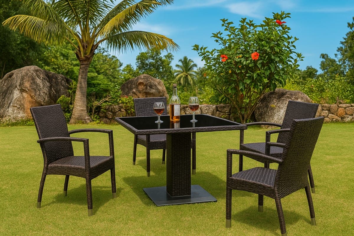 Table de jardin carrée en résine tressée - Mobilier artisanal Ebène Madagascar