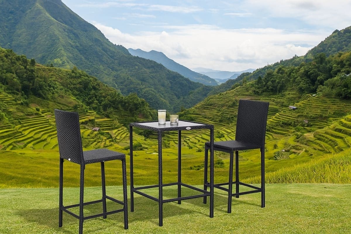 Ensemble de bar de jardin en résine tressée avec table haute en verre trempé - Mobilier artisanal Ebène Madagascar