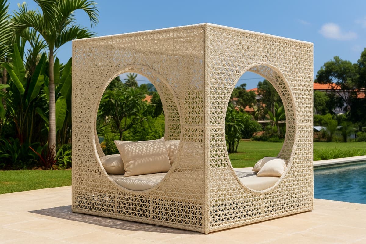 Lit de jardin "Cube" en résine tressée - Mobilier artisanal Ebène Madagascar