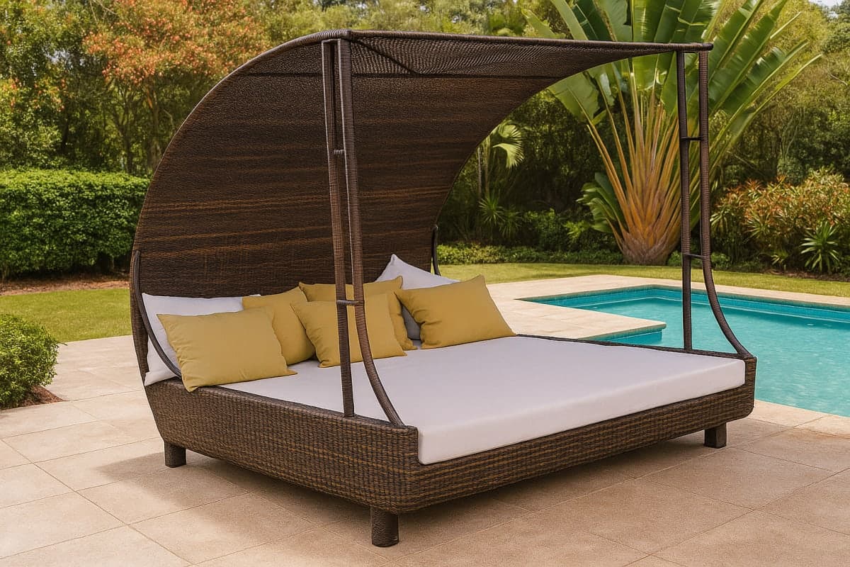 Lit de Jardin "Oasis" avec Baldaquin en Résine Tressée - Mobilier artisanal Ebène Madagascar