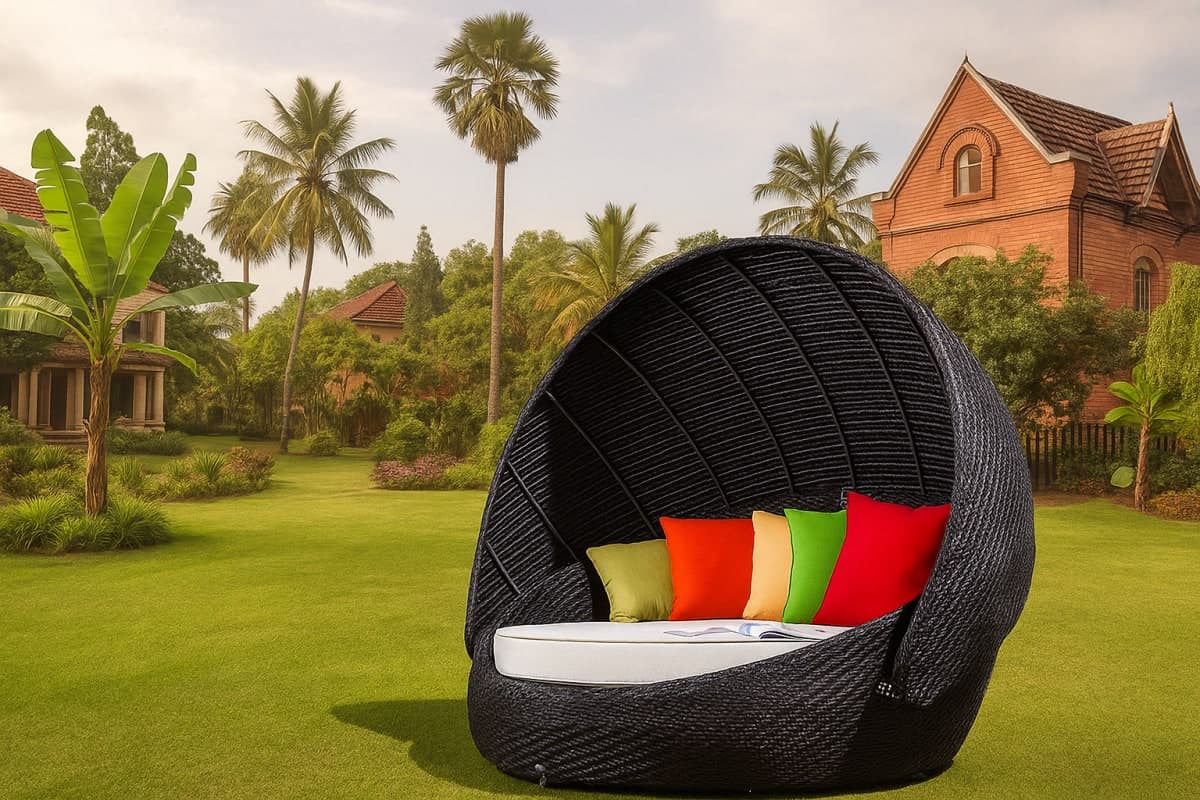 Daybed de Luxe en Résine Tressée avec Canopy - Mobilier artisanal Ebène Madagascar