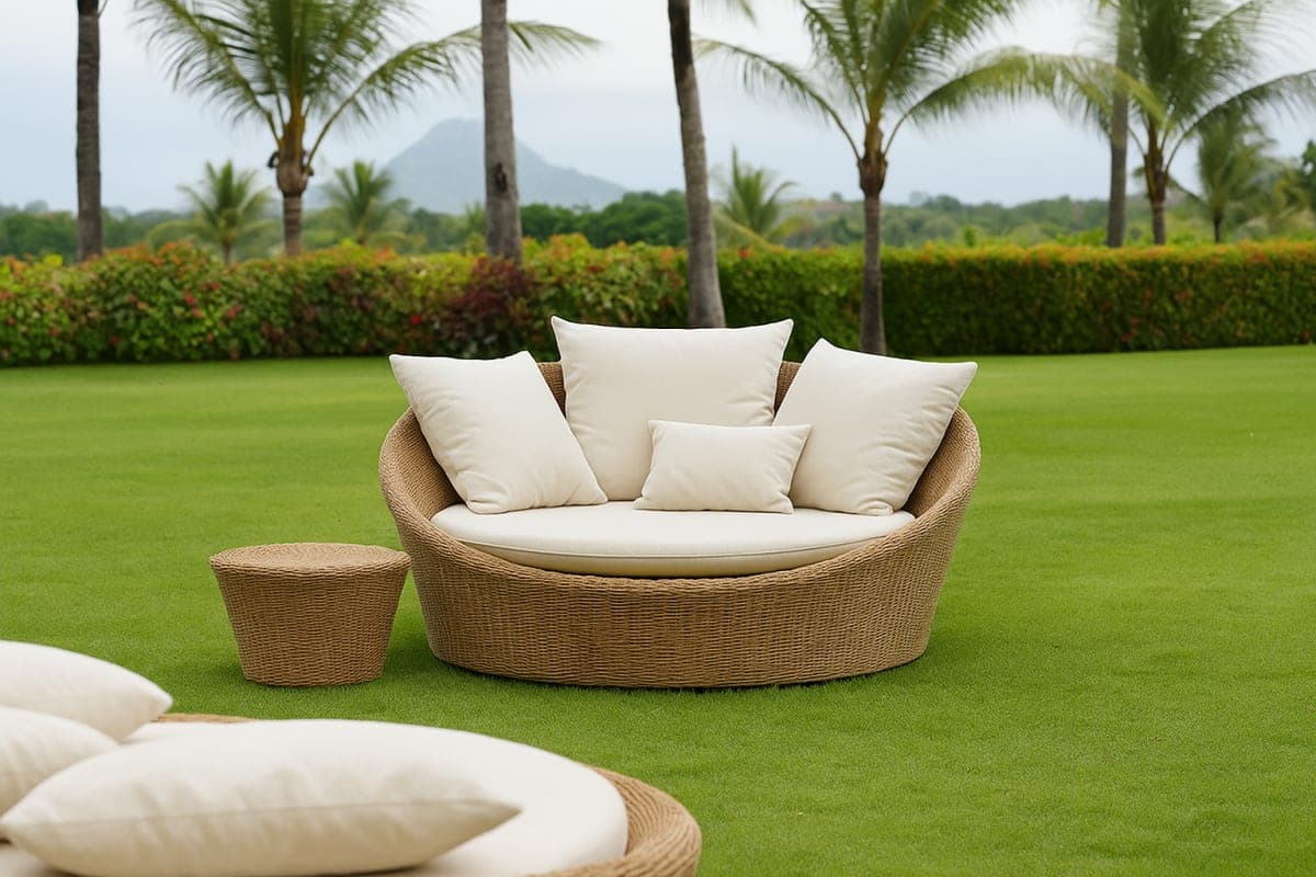 Lit de repos rond en résine tressée - Mobilier artisanal Ebène Madagascar