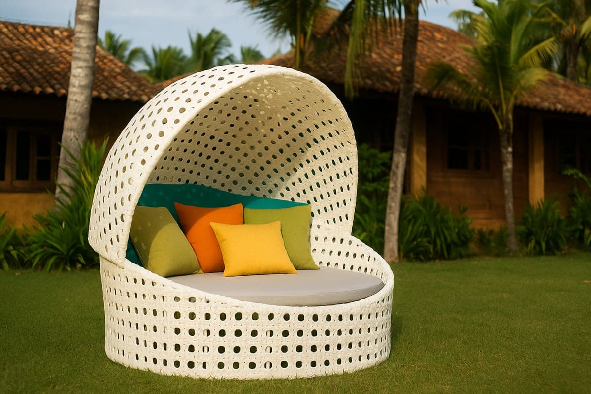Lit de Soleil Circulaire avec Canopée Intégrée - Mobilier artisanal Ebène Madagascar