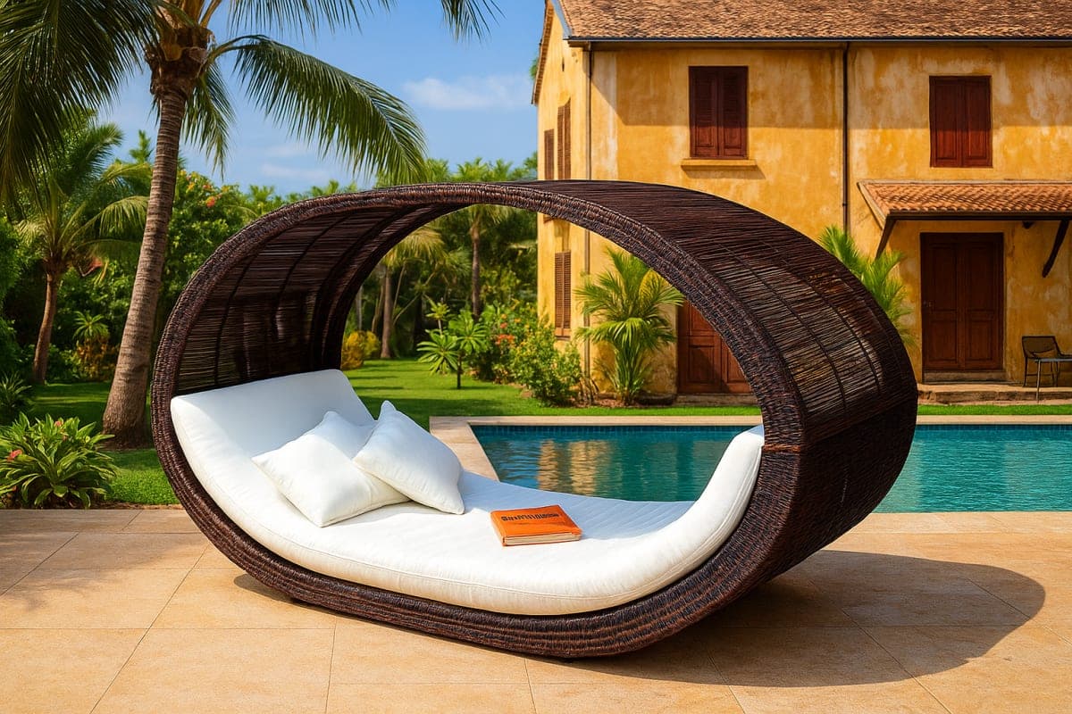 Lit de Jardin Ovale "Canopy" en Résine Tressée - Mobilier artisanal Ebène Madagascar