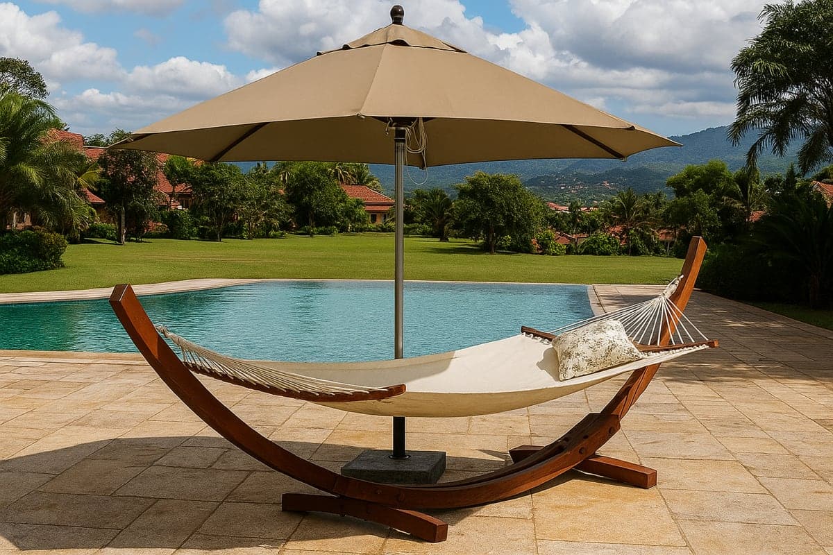 Ensemble Hamac avec Support en Bois et Parasol Central - Mobilier artisanal Ebène Madagascar