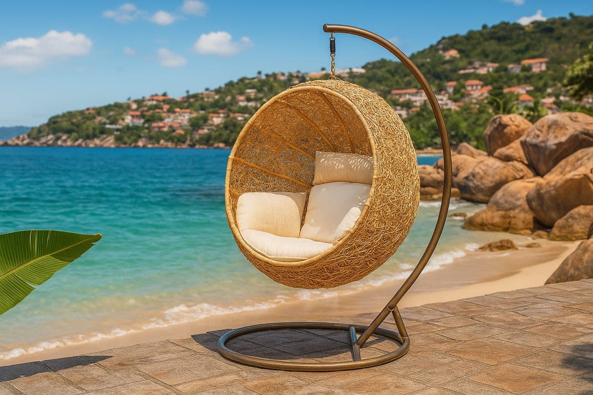 Fauteuil Œuf Suspendu Bohème avec Socle - Mobilier artisanal Ebène Madagascar