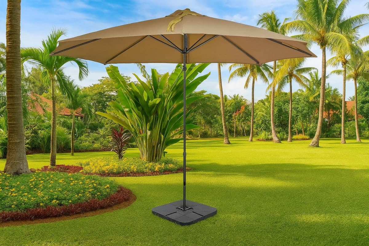 Parasol Droit de Jardin avec Manivelle et Dalle de Lestage - Mobilier artisanal Ebène Madagascar