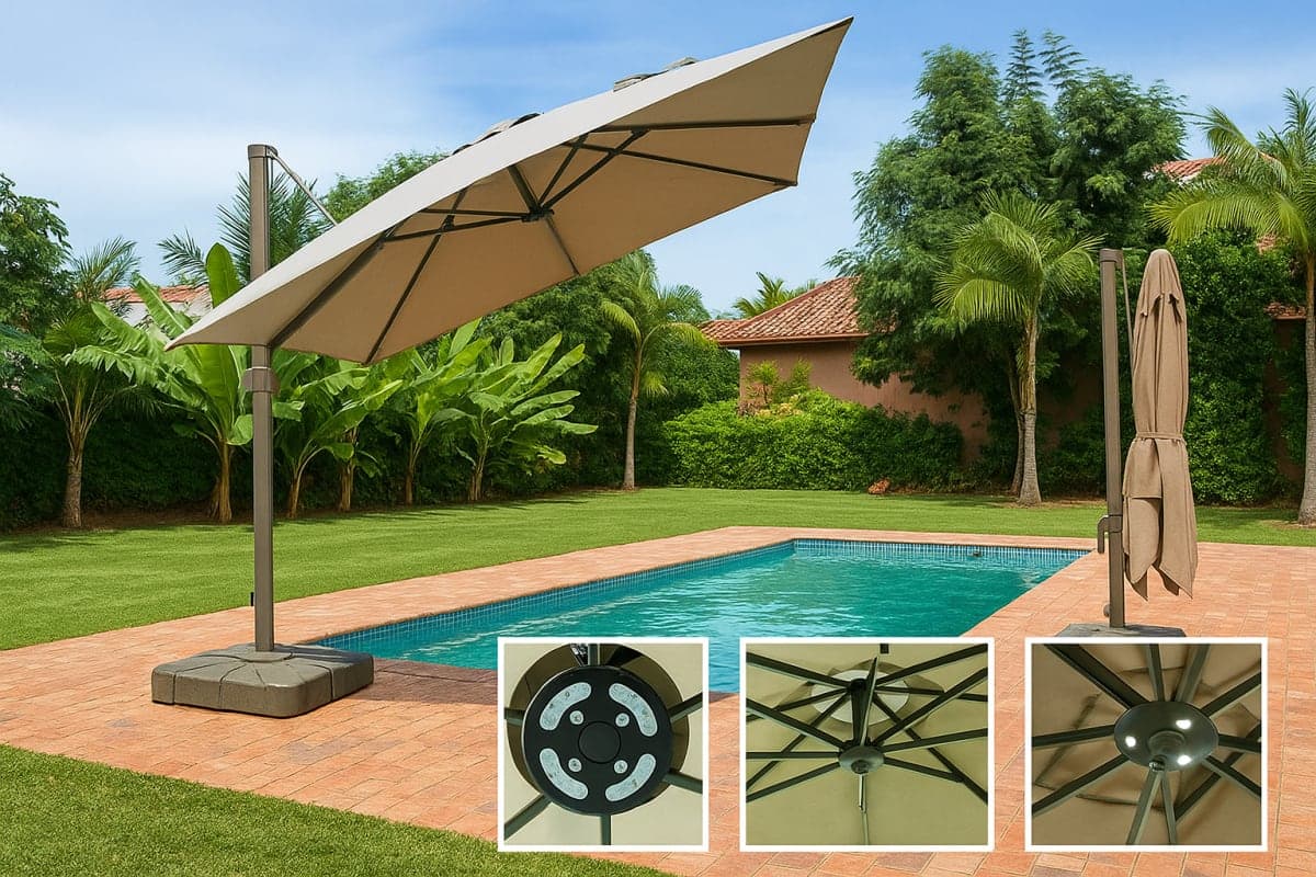 Parasol Déporté LED Solaire Premium - Mobilier artisanal Ebène Madagascar