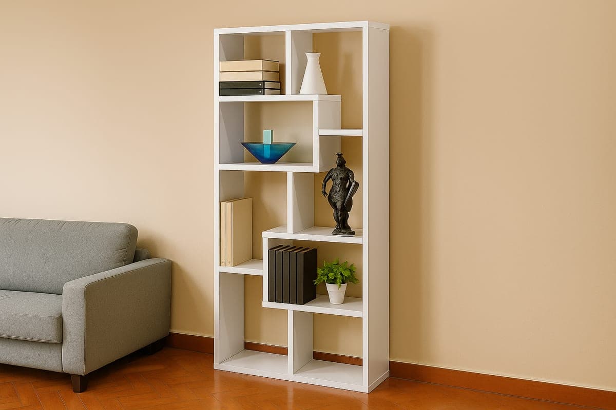 Bibliothèque géométrique asymétrique en mélamine - Mobilier artisanal Ebène Madagascar