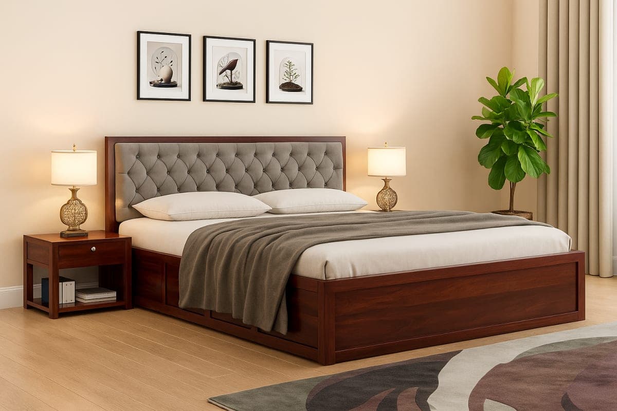 Lit King Size en mélamine avec tête de lit capitonnée - Mobilier artisanal Ebène Madagascar