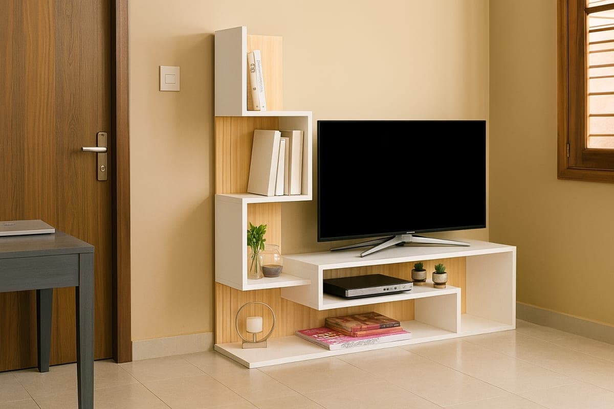 Ensemble TV & Bibliothèque Modulable "L’Asymétrique" - Mobilier artisanal Ebène Madagascar